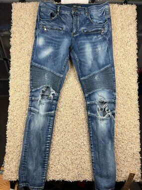 Embellish Medium Wash Blue Jeans Women's SZ 34 Distressed Slightly Tapered